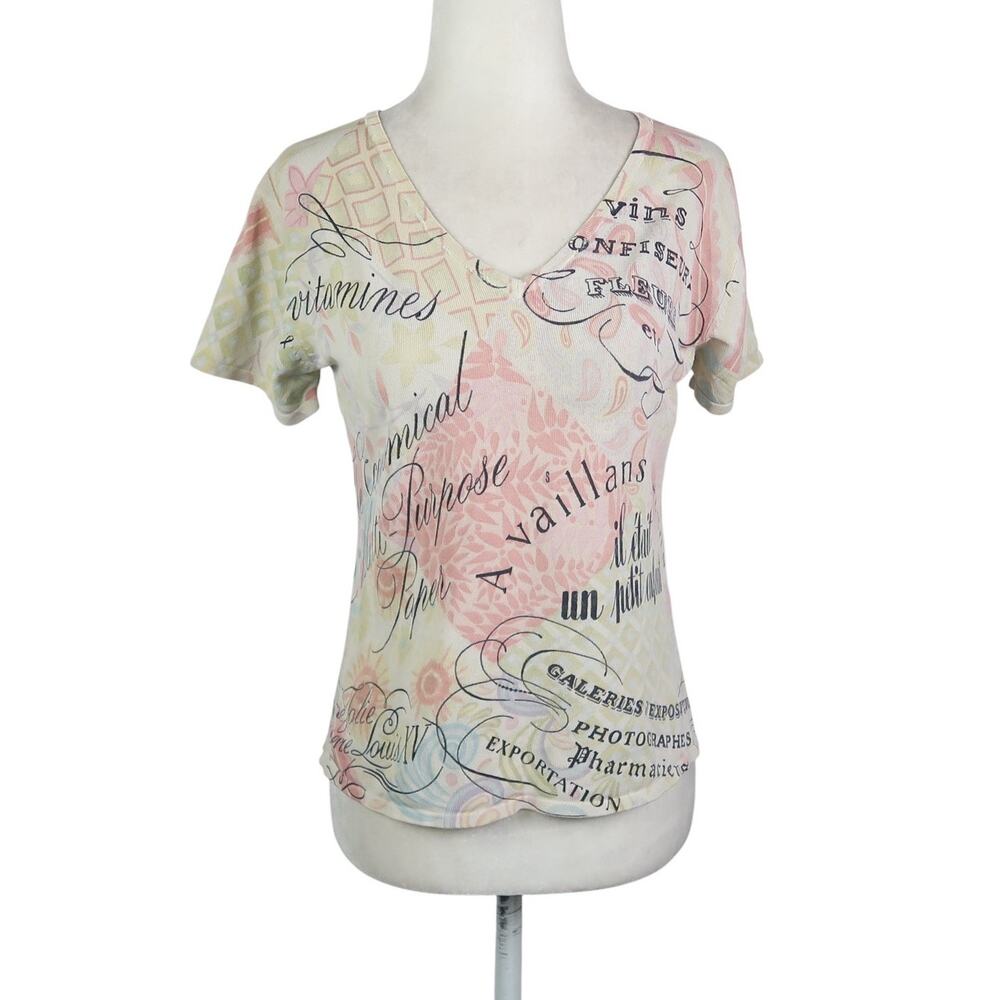 Vintage Y2K Mark Richards Cream French Word Graphic V-Neck Tee XL